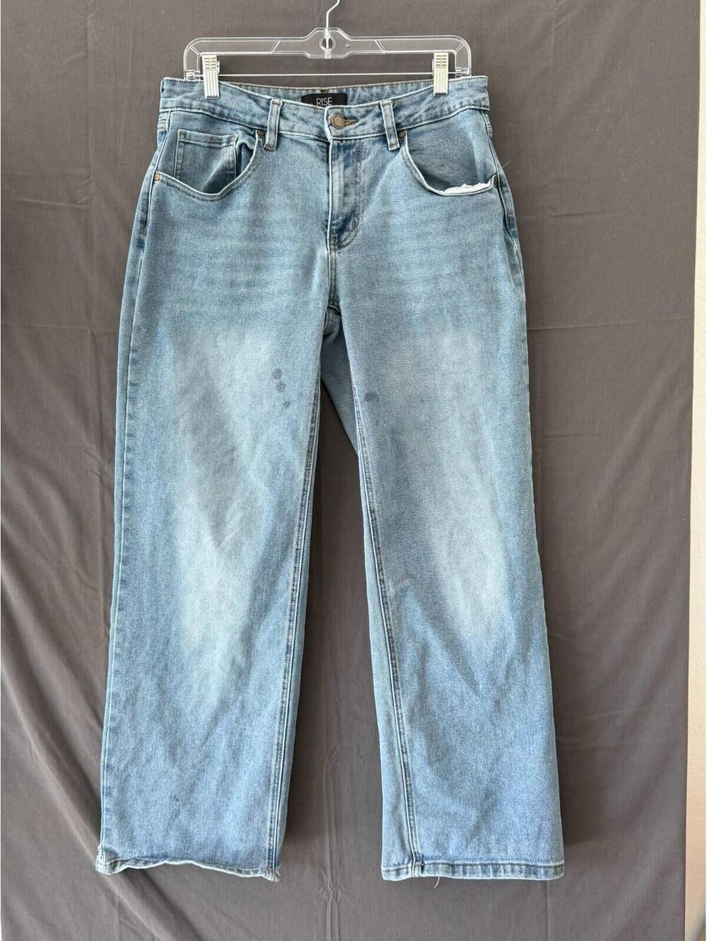 Rise Supply Co Jeans Women’s Light Wash Straight Leg Distressed Frayed Hem